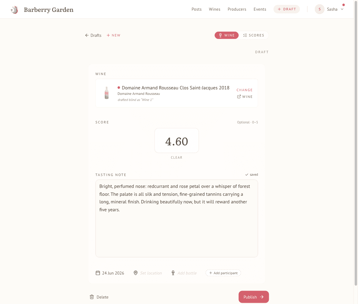 The wine-note editor with a wine, a score, and a written note