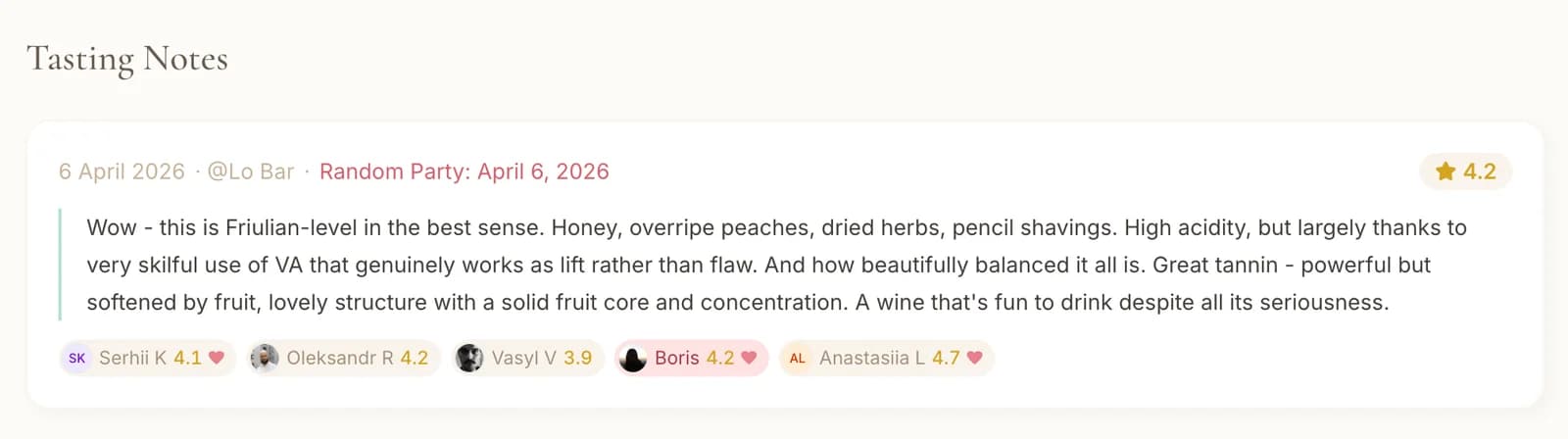 Wine page with "Your Tastings" and co-tasters.