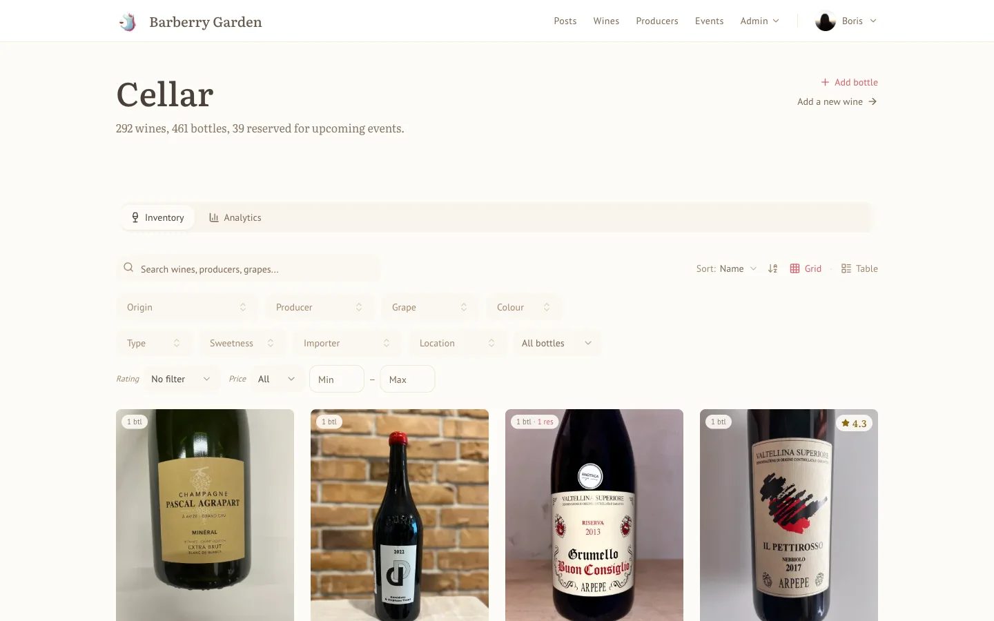 A cellar page - bottles with price and location, filters, sort, grid or table. Not mine. Not public.