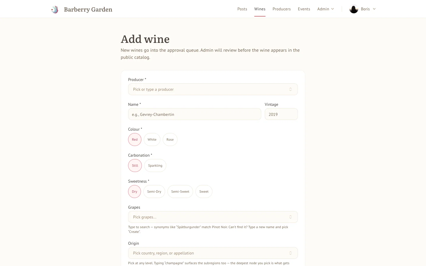 Add wine - producer picker, grape synonyms, origin tree, the works.