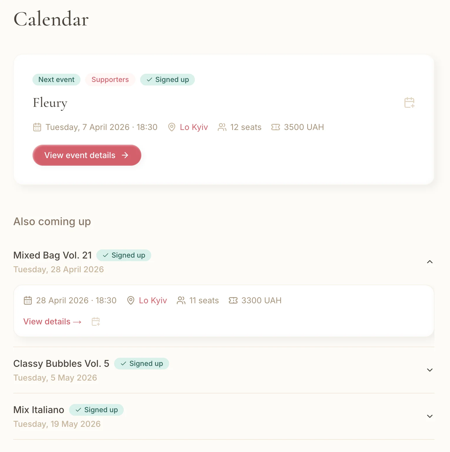 Calendar with signup badges on each event.