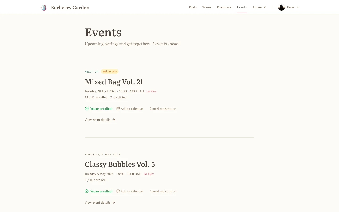 /events - the next one up top, the rest in a row.