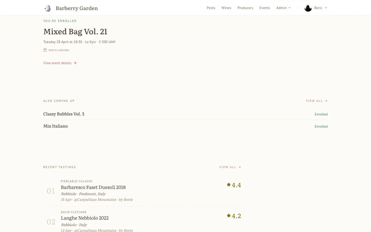 The home page after the rework - hero, next event, also coming up, recent tastings. Sections, not cards.